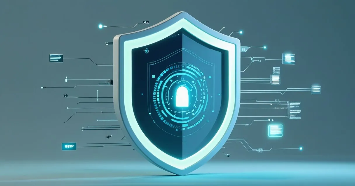 a glowing cybersecurity shield protecting digital data
