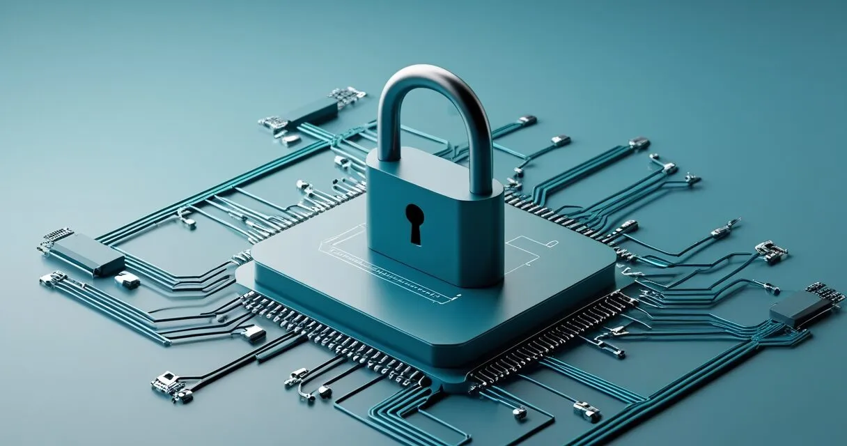 data encryption concept with a secure padlock and circuits
