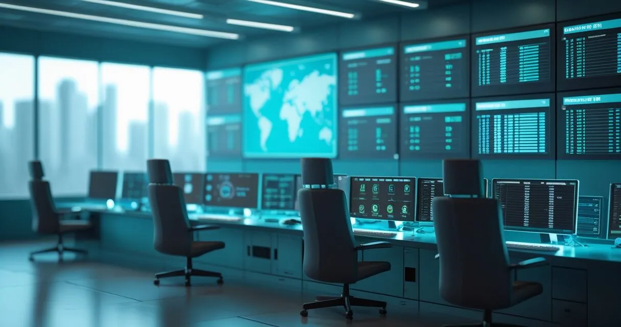 a security operations center with data monitors